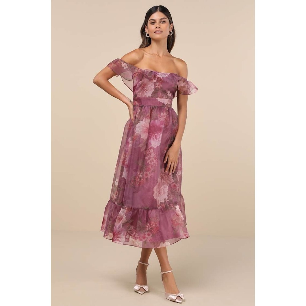 NWT Lulus Sweet Composure Plum Floral Organza Off-the-Shoulder Midi Dress XXS